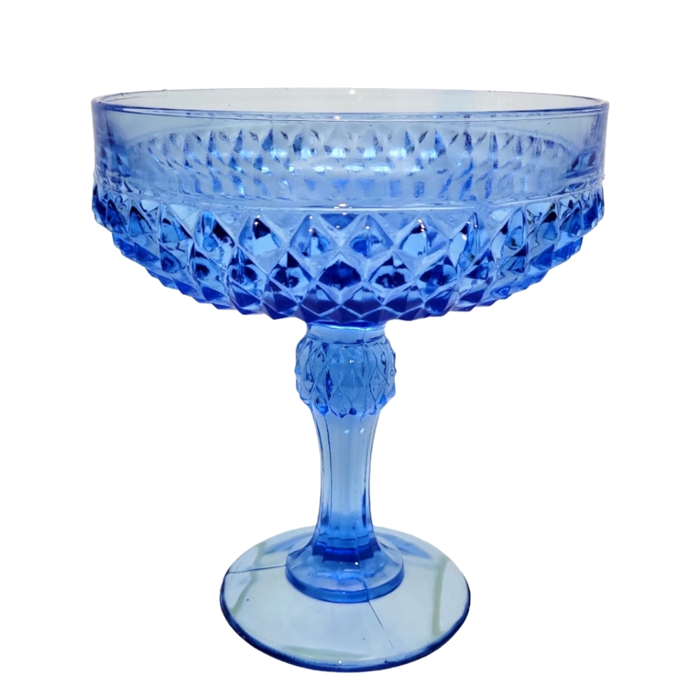 Vintage Indiana Glass Co Diamond Point Tall Footed Compote Bowl Regal Blue